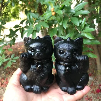 1 Pc אבן טבעית שחור, אובסידיאן הון פסל חתול קריסטל מגולף חיה פיסול צלמית מתנת מלאכה קישוט הבית