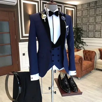 2022 החדש אופנה כחול-תחפושת Homme עסקים Mens חליפות חתונה, חליפות לגברים Ternos Masculinos Slim Fit טוקסידו 3 חתיכה