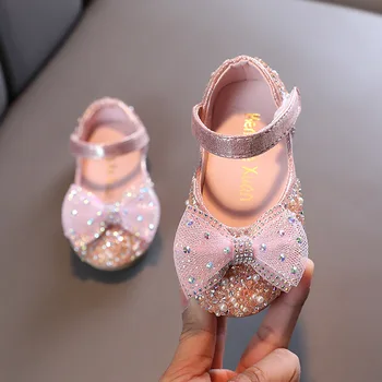 2023 בנות חדשות נסיכה נעלי ילדים קשת של יהלומים מלאכותיים חד תינוק נעלי דירות ביצועי ריקוד נעלי ילדים נעלי חתונה G510
