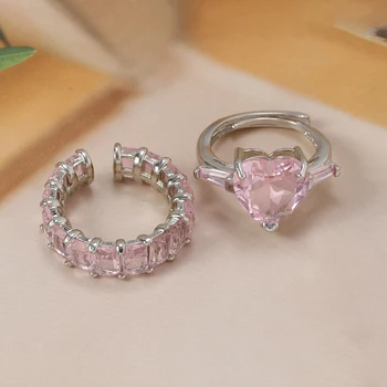2023 עיצוב חדש לב ורוד טבעות לנשים גיאומטריה מרובע CZ זירקון פתח מתכוונן טבעת אצבע מתנת חג המולד אוהבת תכשיטים