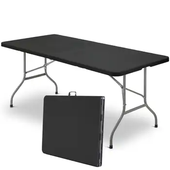 6 ft פלסטיק שולחן מתקפל נייד מתקפל לחצי שולחן מקורה חיצונית, שחור