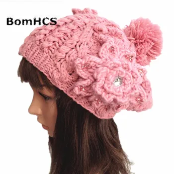 BomHCS אופנה נשים סתיו חורף חם סרוג כובע כפת עם יהלום גדול פרחים כובע 100% עבודת יד