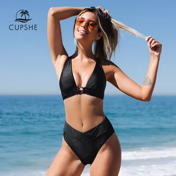 CUPSHE Shirring שחור באמצע המותן ביקיני סטים של בגדי ים לנשים, סקסי, גבוה Tri שני חלקים Beachwear 2022 בגד ים בגדי ים
