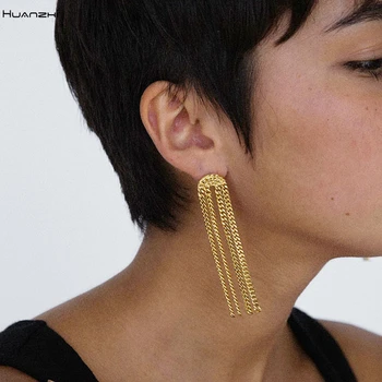 HUANZHI 2020 וינטג מתכת שרשרת ארוכה ציצית עגילי זהב צבע האופנה ריינסטון עבור נשים בנות מסיבת תכשיטים