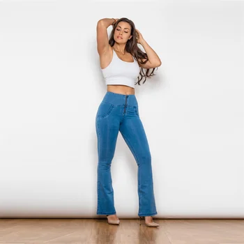 Shascullfites כושר בעיצוב מכנסי ג 'ינס ארוך תאורה גמישות רזה רחב הרגל כחול ג' ינס לנשים מזדמנים אימון מכנסיים