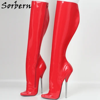 Sorbern סקסי אדום פטנט הברך מגפיים גבוהים נעלי בלט נעלי עקב 18Cm מתכת עקבים גבוהים סאדו אשתו כיף לשחק אתחול מותאם אישית Slim Fit