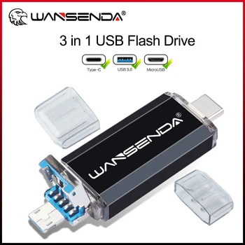 WANSENDA כונן הבזק מסוג USB 3 ב-1 USB3.0 & Type C & MicroUSB OTG Pendrive 512GB 256GB 128GB 64GB 32GB Thumbdrive מקל זיכרון