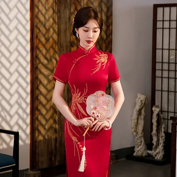 Yourqipao הקיץ סלים משי אדום Cheongsam גרם מדרגות אלגנטי משתה צ ' יפאו בסגנון סיני ערב מסיבת חתונה שמלה לנשים
