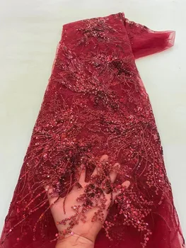 אדום אפריקאי כלה תחרה בד יוקרה הניגרי טול נצנצים תחרה על שמלת מסיבת החתונה הצרפתית רשת תחרה, בד עם נצנצים