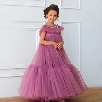 אופנה פרח ילדה שמלות באורך קרסול שרוולים מסיבת חתונה שמלות לנשף נסיכת יום ההולדת בטקס השמלה ילדים גודל 1-14T