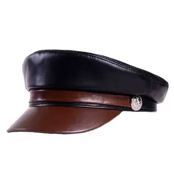 אופנה קוריאנית יוניסקס רכה עור אמיתי כובע נשים גברים חורף שחור חום טלאים מזדמן כובע התלמיד כפתורים צבאיים כמוסות