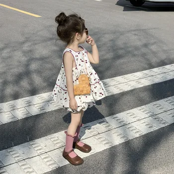 בגדי ילדים 2023 קיץ חדש מתוק, דובדבן פרח תבנית ילדה קטנה גופיה באד קצרים להגדיר אופנה