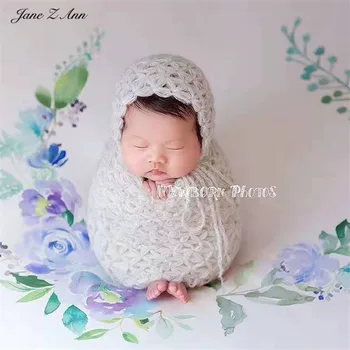 ג ' יין אן זי תינוק סרוג בעבודת יד רב-שימוש צילום אביזרים פרחים עטוף בד שק שינה +כובע basekt מילוי