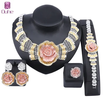 דובאי זהב רוז פרח קריסטל תכשיטים מגדיר עבור נשים שרשרת צמיד עגיל טבעת איטלקית סטי כלה אביזרים החתונה