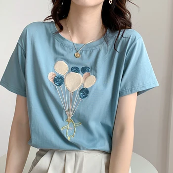 חולצת טריקו נשי חולצת נשים קריקטורה רקמה כותנה חולצה אישה בגדים 2021 קוריאני סגנון קיץ, שרוול קצר חולצות