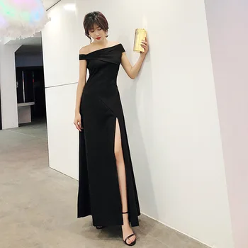 חופש כתף סקסית פיצול השנתי של השמלה של נשים ארוכה השחור החדש מארח להראות רזה שמלת ערב