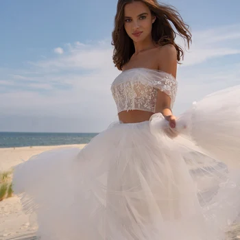 טול שמלות כלה סקסי שני חלקים אשליה חתונה לבנה שמלות 2022 נשים Off-The-כתף תחרה כלה שמלת חלוק de mariée