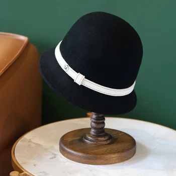טופ אלגנטי שחור אפור קלוש נשים כובע בנות חם צמר כובעי נשים Fedoras דלי חורף כובע קלאסי החגורה הכנסייה מגבעות