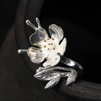 כסף סטרלינג 925 רטרו פריחת השזיף פתח טבעות סינית בסגנון אתני פרח ענף מתכוונן טבעת תכשיטי נשים המתנה JZ068