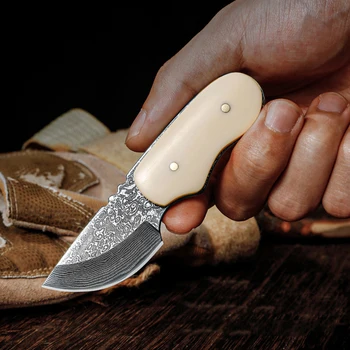 מיני הישרדות סכין בעבודת יד דמשק קבוע להב הסכין עם תיק עור קמפינג סכינים פירות יפני חיצונית EDC כלי מתנה