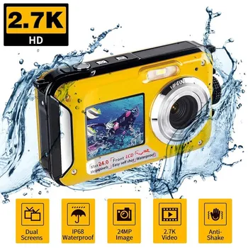 מסך כפול מתחת למים מצלמה דיגיטלית Selfie מקליט וידאו עמיד למים Anti-Shake 1080P FHD 2.4 MP תמיכה כרטיס TF 32GB 16X זום