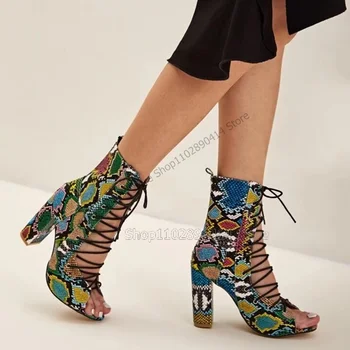 מעורבות צבע הדפסה חלול בעיצוב מגפי קרסול צלב קשור נעלי נשים שמנמן עקבים גבוהים הבוהן ציוץ אופנה 2023 פאטוס פארא Mujere