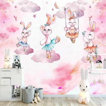 נורדי יד-צבוע ורוד עננים חמוד קריקטורה ארנב ילדה חדר ילדים, עיצוב חדר נייר קיר חדר ילדים בהתאמה אישית קיר טפטים