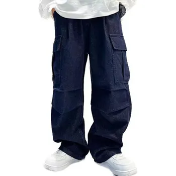 נערים רחב הרגל המכנסיים קוריאה סגנון אופנה האביב הסתיו כותנה ישר ג 'ינס של ילדים פנאי כחול כהה, ג' ינס מכנסיים