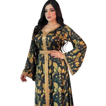 נשים מוסלמיות אופנה שמלה פרחוני הדפסה Abaya דובאי האיסלאמי בגדים שרוול ארוך נקבה Jalabiya הקיץ חופשי בתוספת גודל Maxi