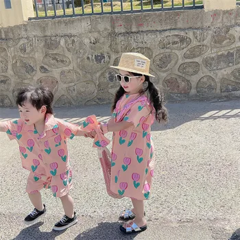 סגנון קוריאני אח בגדים צבעוני, הדפסה בנים שרוול קצר קצרים 2Pcs סט בנות קפלים שמלת נסיכה