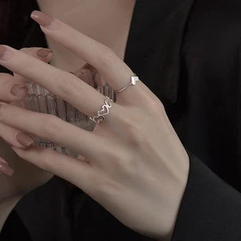 סגנון קוריאני טרנדי לב צורה חלולה החוצה פתיחת כסוף הטבעת לנשים נקי פשוט ההגירה סגנון טבעת מתכווננת בנות תכשיטים