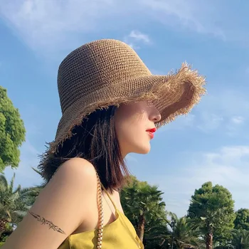 פשוט בחורה שמש כובע רחב שוליים רפוי כובעי הקיץ לנשים חוף פנמה קש כיפת לארוג דלי כובע נשי בצל הכובע נשים כובעים