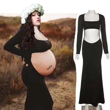 שמלות הריון עבור צילומים סקסי בנוי הקדמי פתוח ללא משענת שמלת מקסי מסיבת חתונה צילום נשים בהריון בגדים